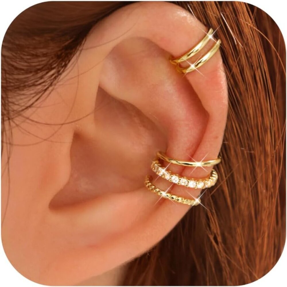 Gold Plated Non-Piercing Ear Cuffs Set - Trendy Adjustable Clip-On Earrings for
